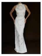 1960s Italian Mikado & Chantilly Lace Sheath Gown