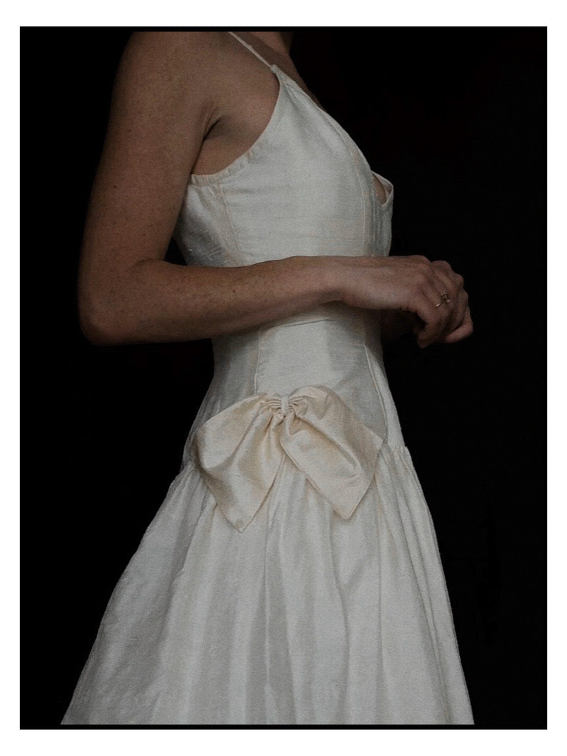 1980s English Raw Silk Bow Gown