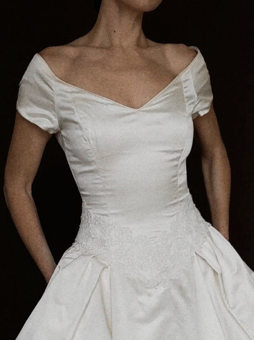 1990s Amsale Satin Ball Gown with Lace Basque Waist