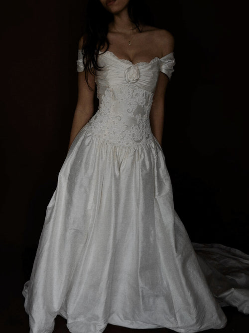 1990s Silk Embellished Lace Rosette Gown, USA