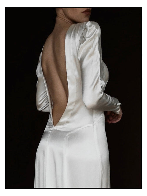 1930s Ruched Long Sleeve Backless Gown