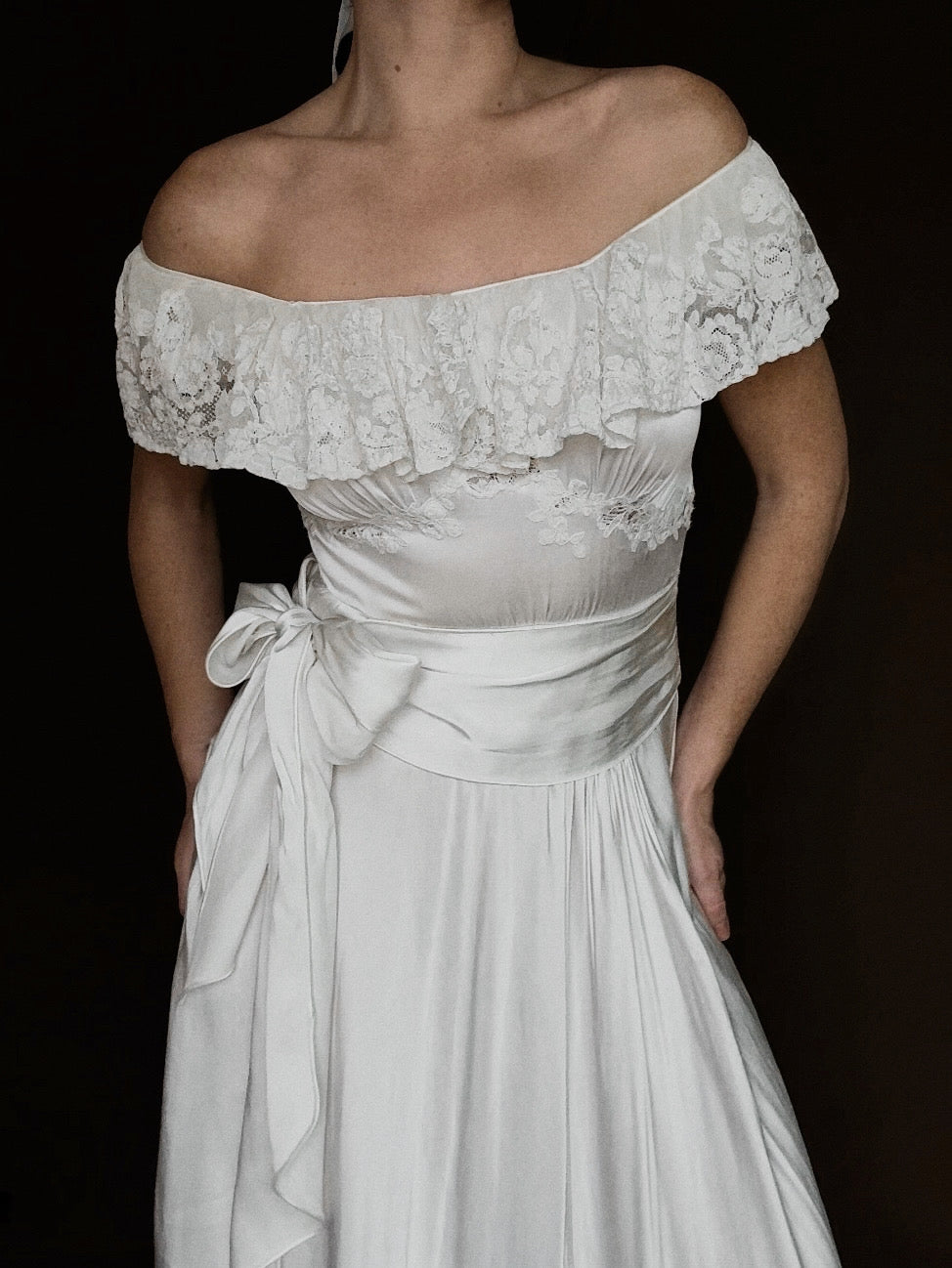 1930s Spanish Off-The-Shoulder Ruffle Gown, Spain