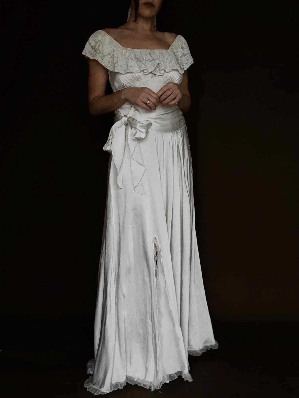 1930s Spanish Off-The-Shoulder Ruffle Gown, Spain