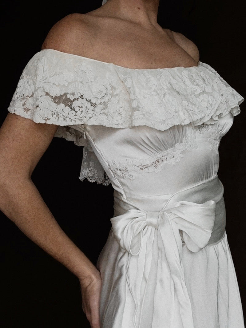 1930s Spanish Off-The-Shoulder Ruffle Gown, Spain