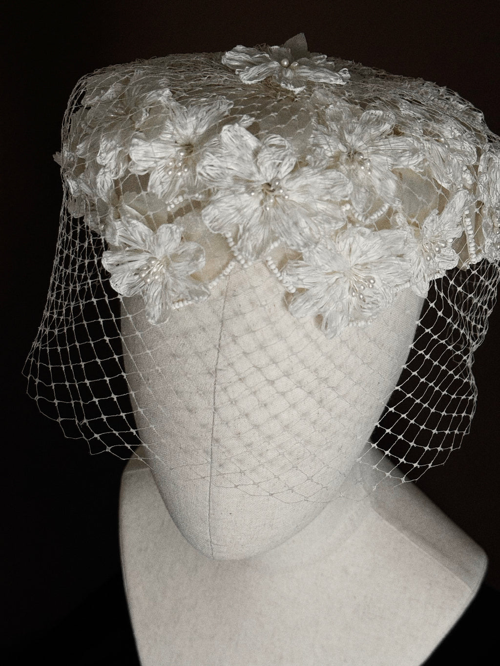 1950s Floral Pillbox Hat with Birdcage Veil
