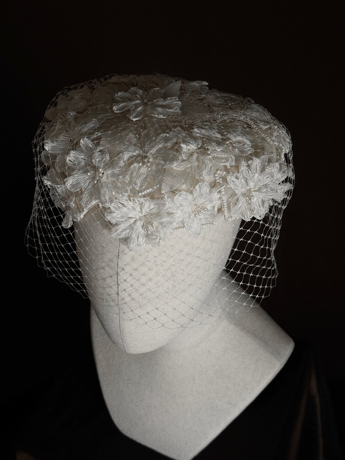 1950s Floral Pillbox Hat with Birdcage Veil