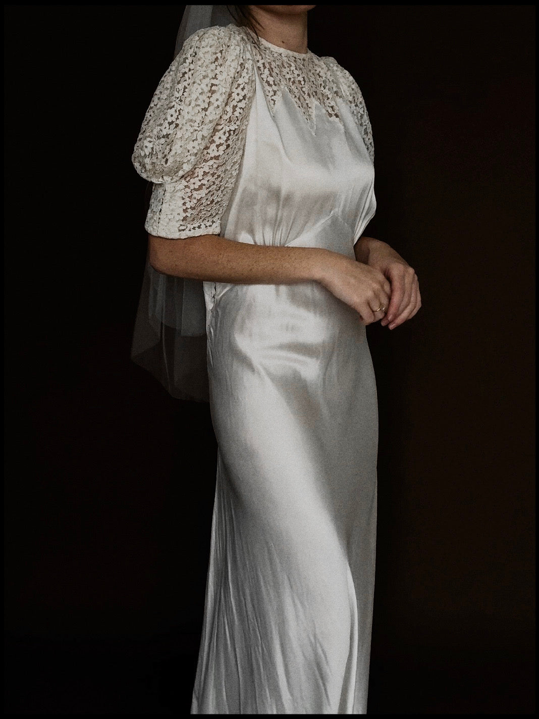 1930s Liquid Silk & Daisy Lace Yoke Gown