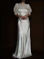 1930s Liquid Silk & Daisy Lace Yoke Gown