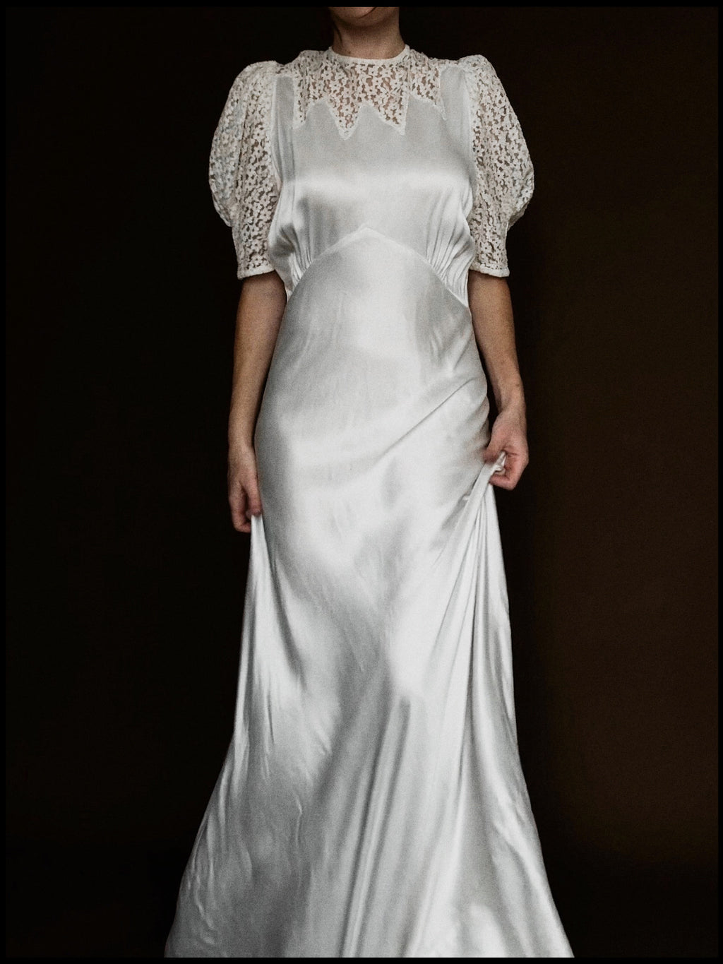 1930s Liquid Silk & Daisy Lace Yoke Gown