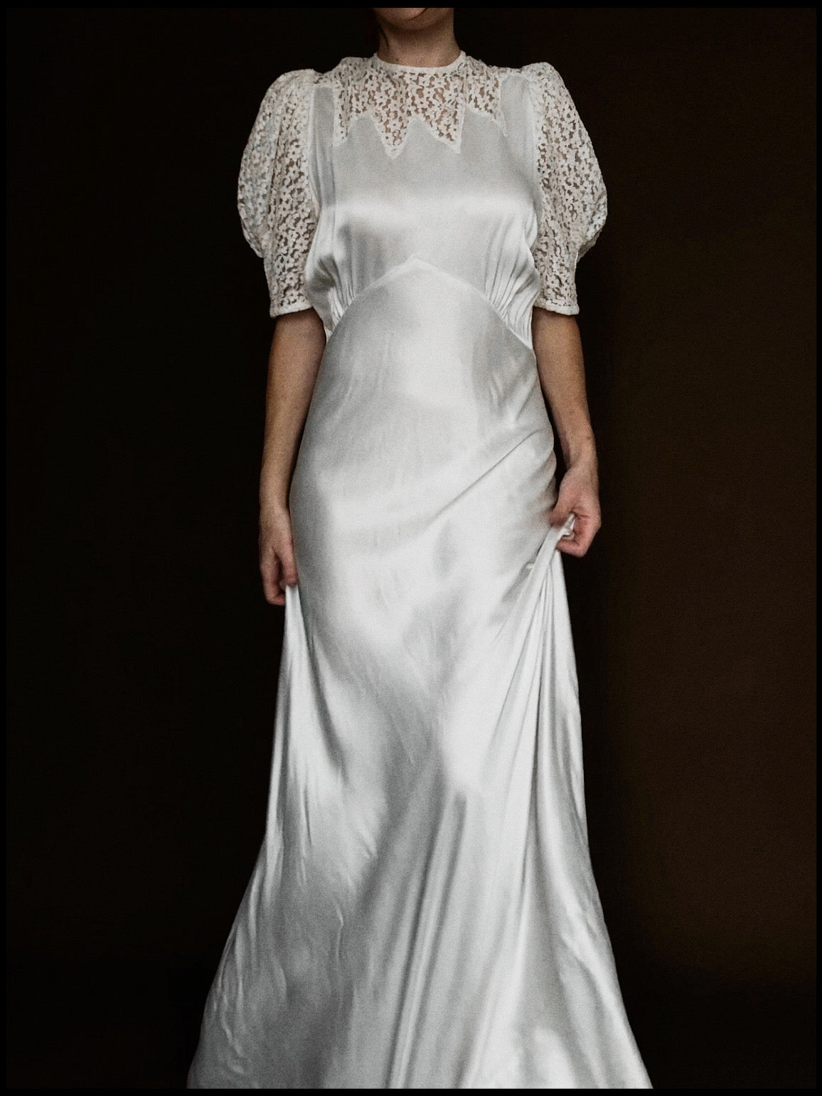 1930s Liquid Silk & Daisy Lace Yoke Gown