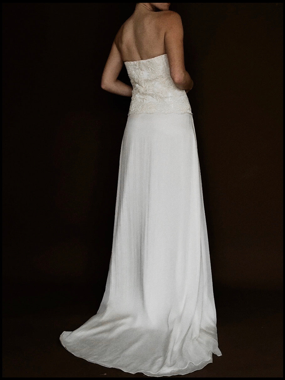 2000s English Silk Chiffon & Lace Bodice Gown, England