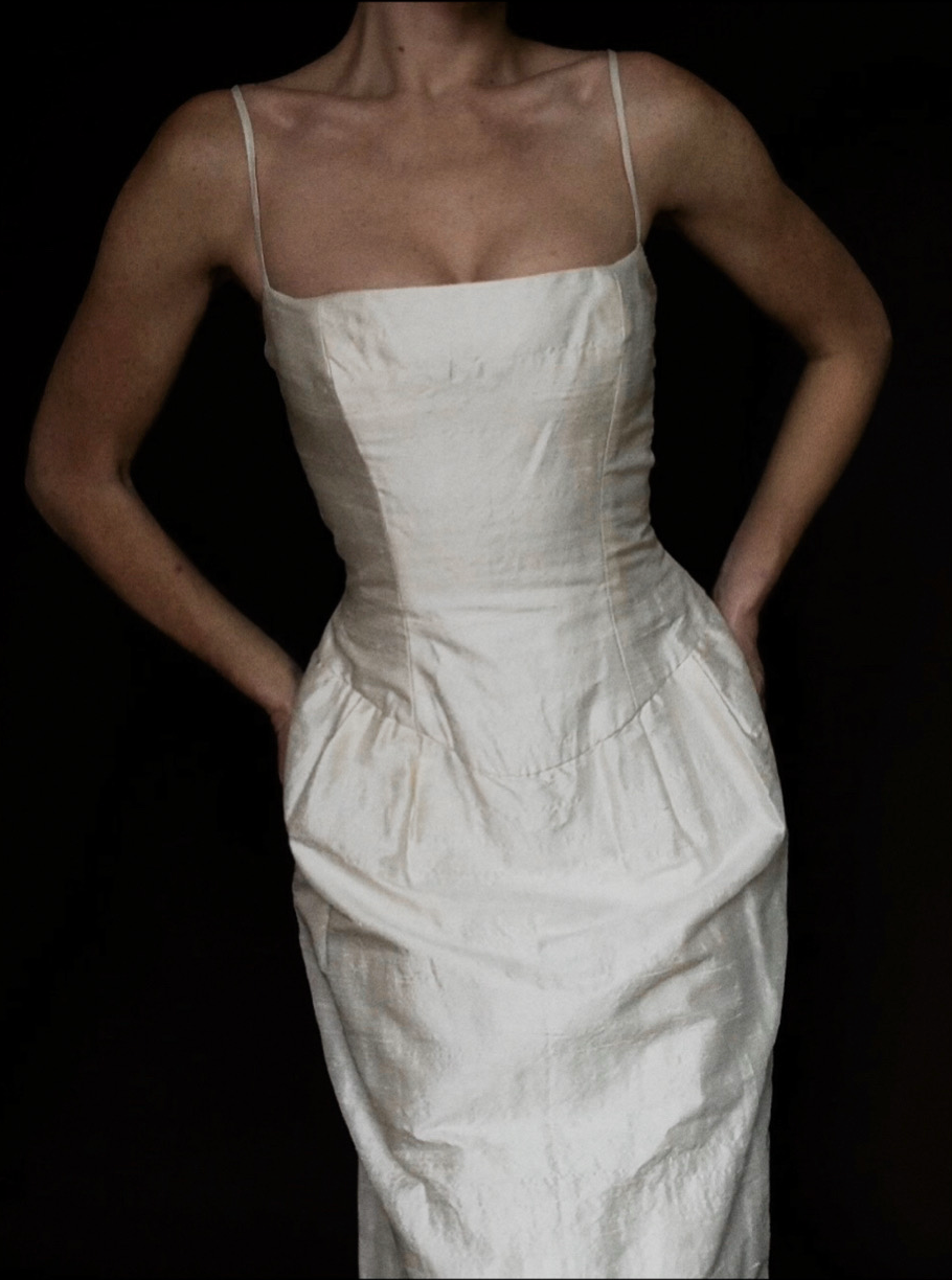 1990s Raw Silk Rosette Sheath Gown