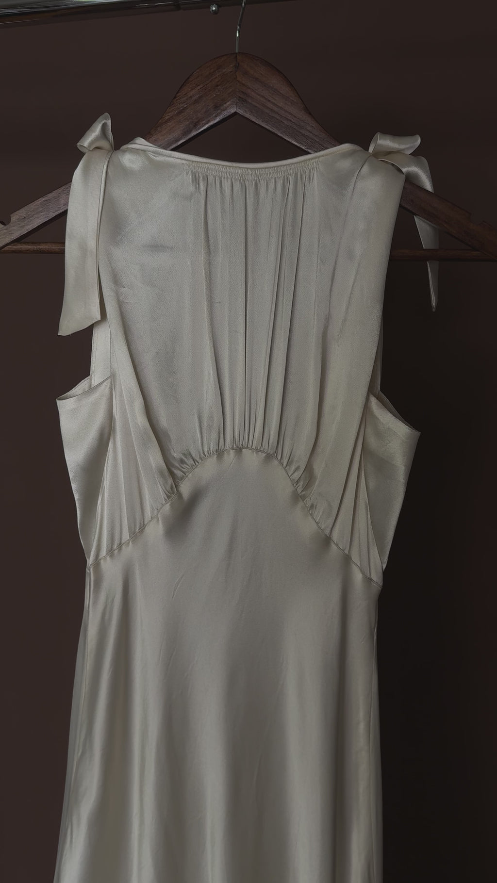 1930s Satin Backless Shirred High Neck Bow Gown