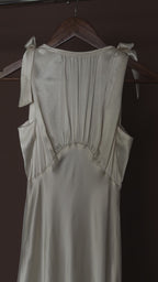 1930s Satin Backless Shirred High Neck Bow Gown