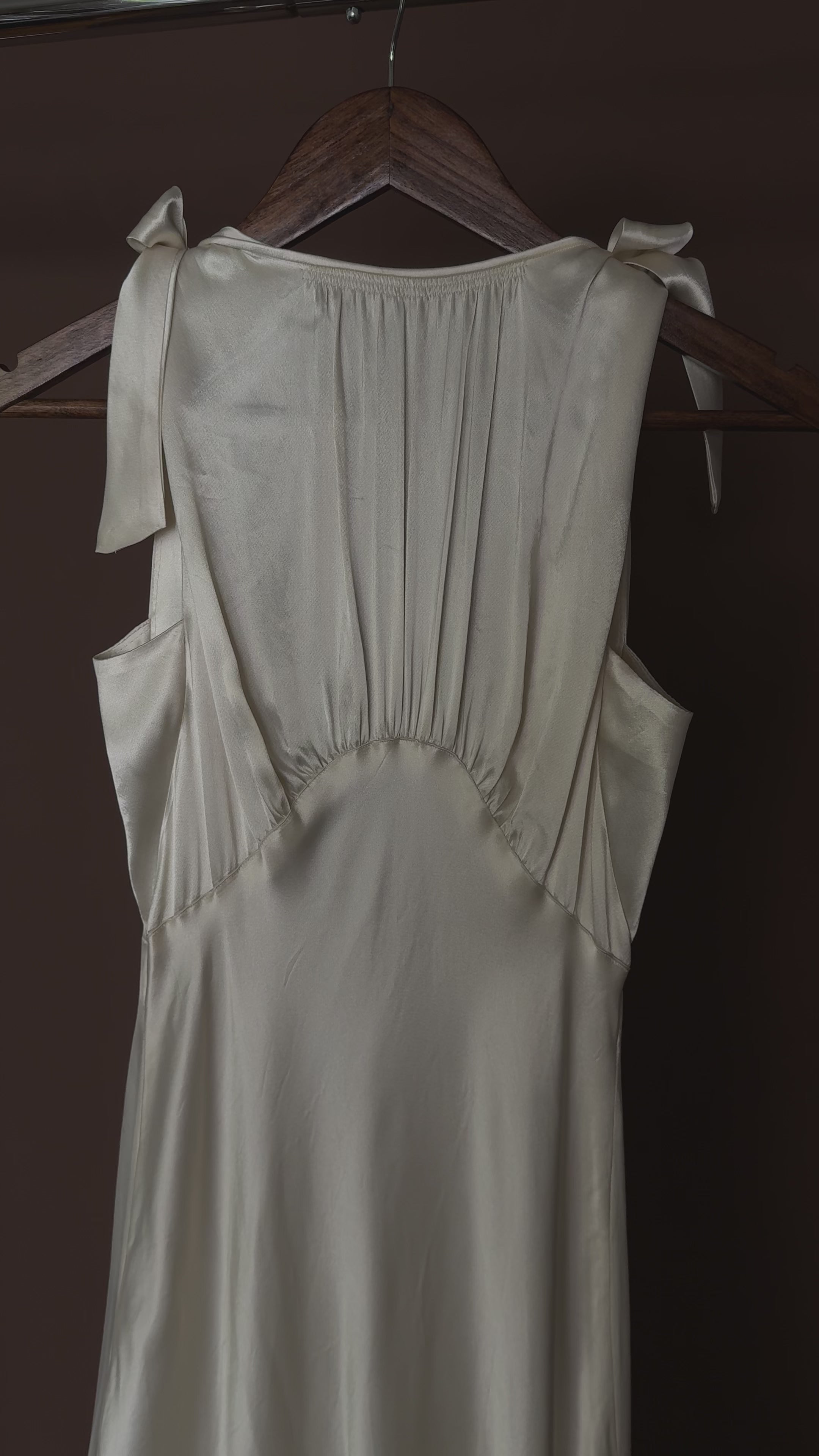 1930s Satin Backless Shirred High Neck Bow Gown