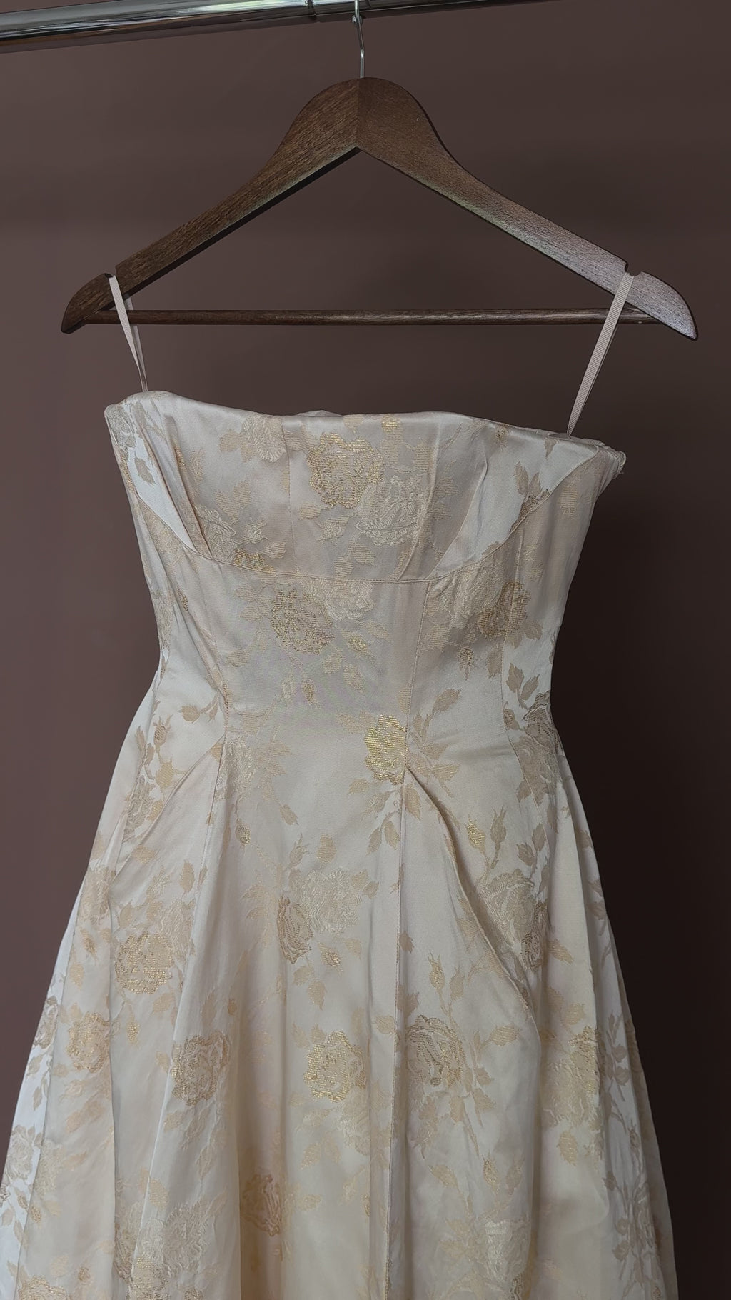 1950s Cream Floral Brocade Strapless Corset Gown