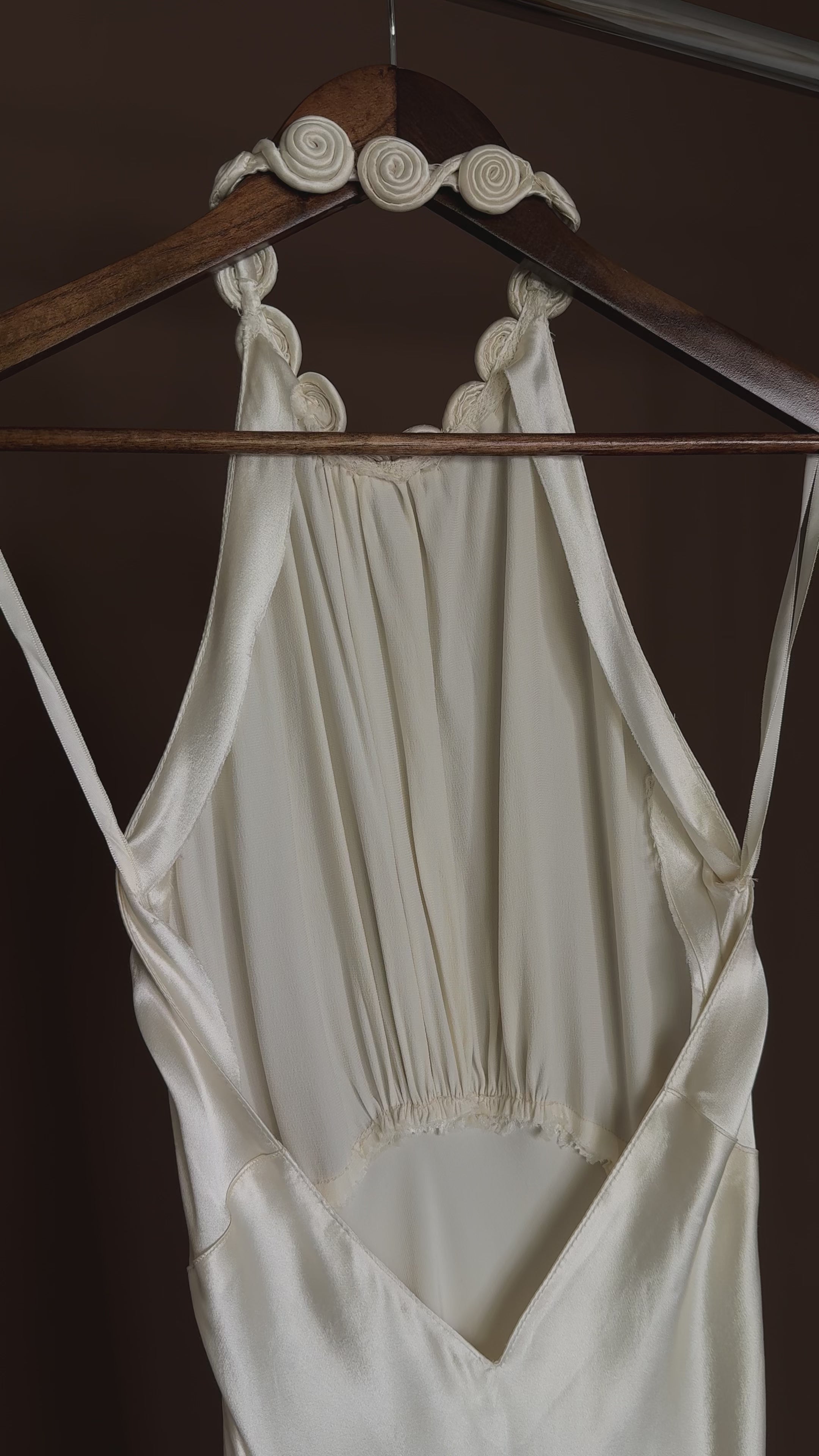 1930s Satin Backless Spiral Halter Gown
