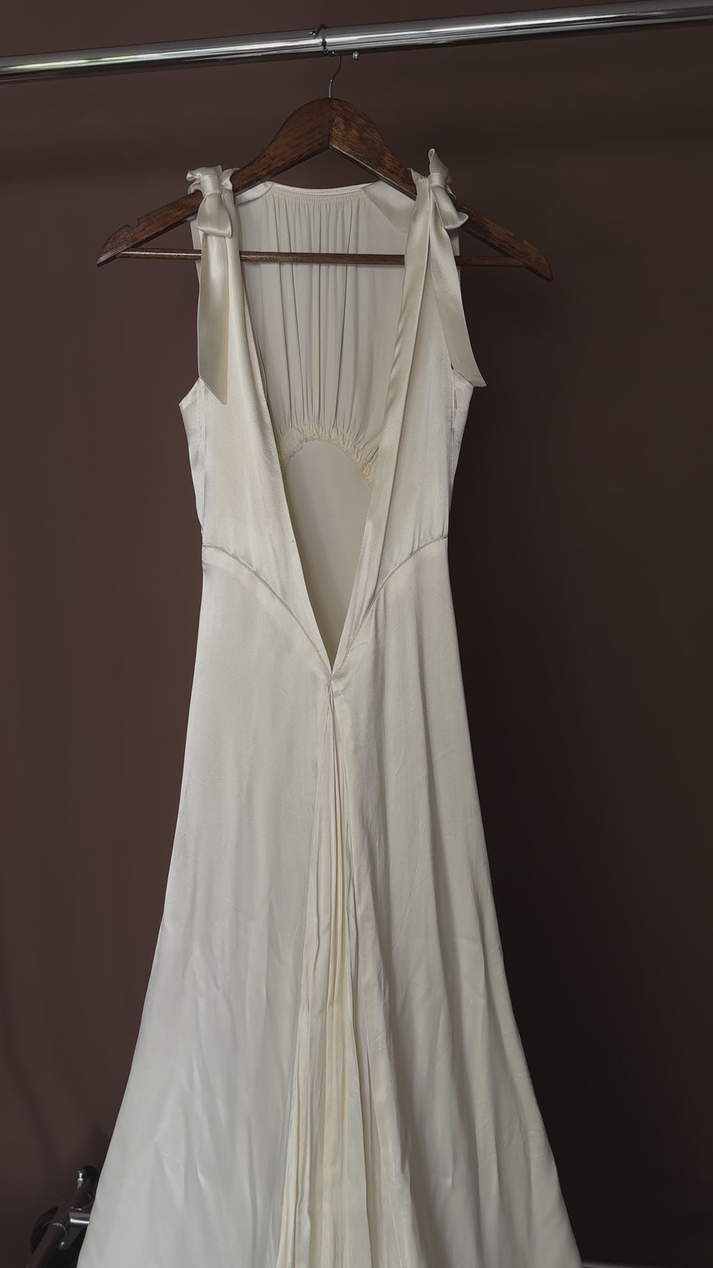 1930s Satin Backless Shirred High Neck Bow Gown