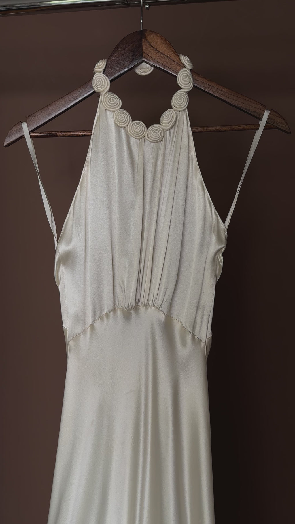 1930s Satin Backless Spiral Halter Gown