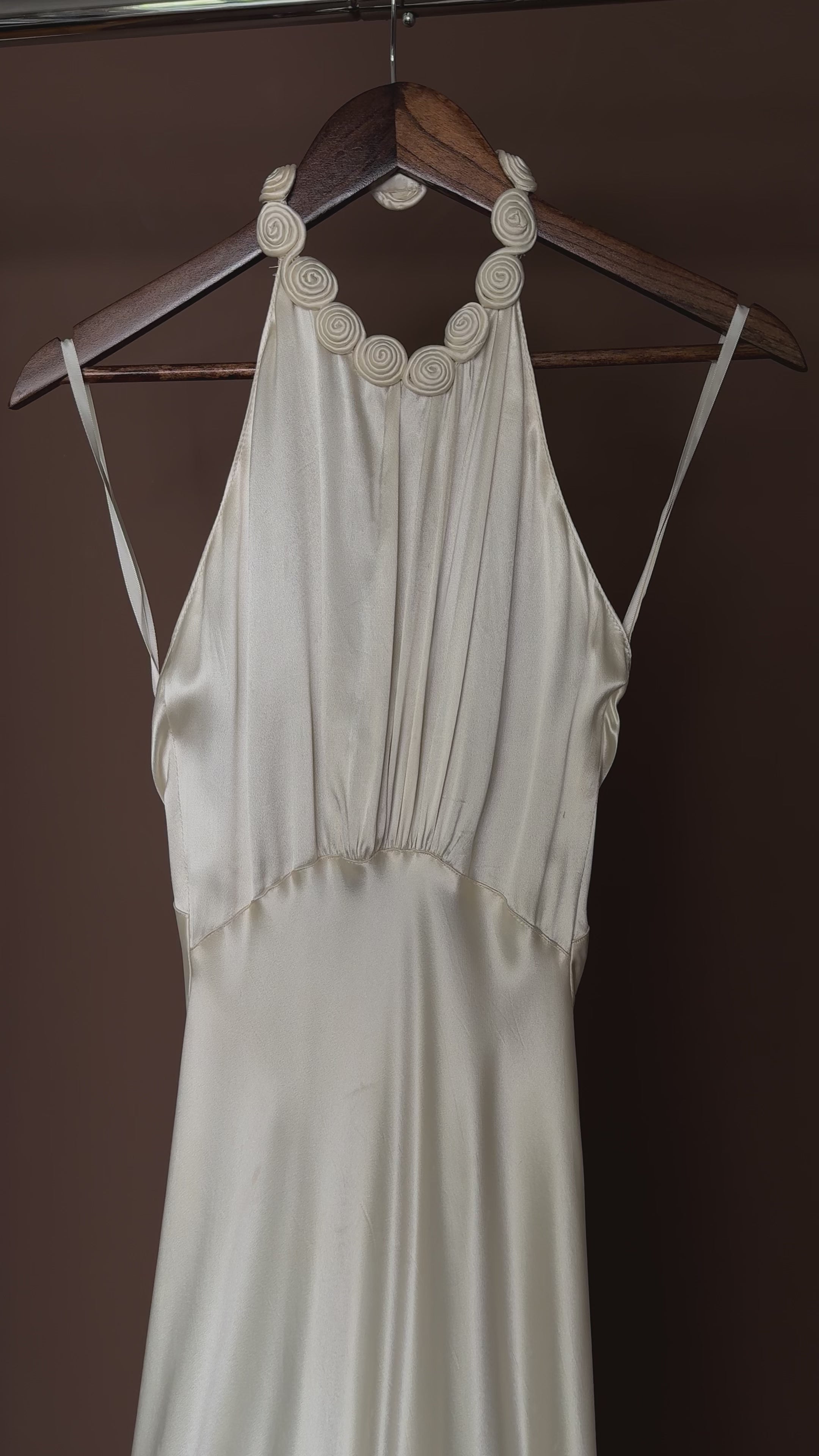 1930s Satin Backless Spiral Halter Gown