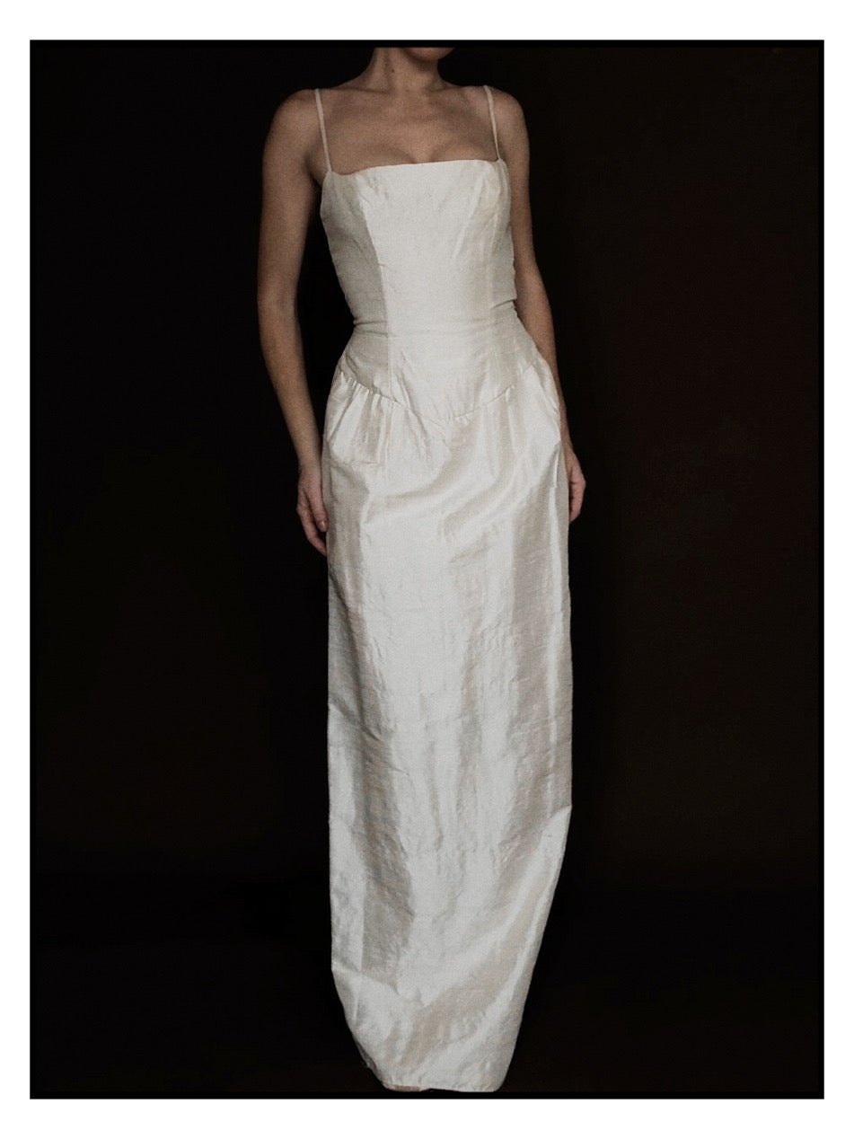 1990s Raw Silk Rosette Sheath Gown